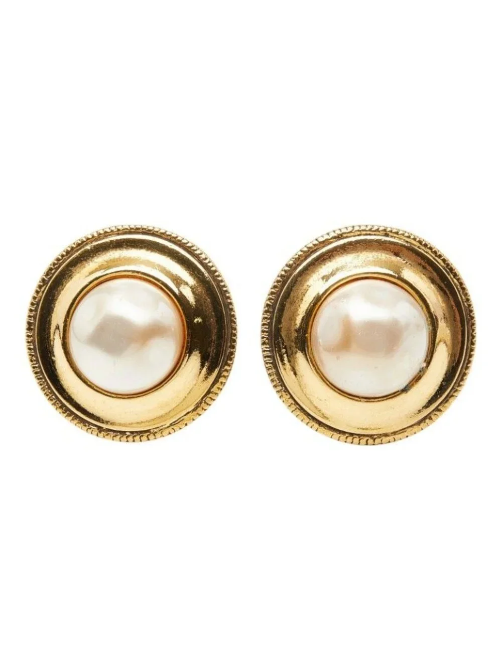Chanel Round Earrings Gold Faux Pearl Plated
